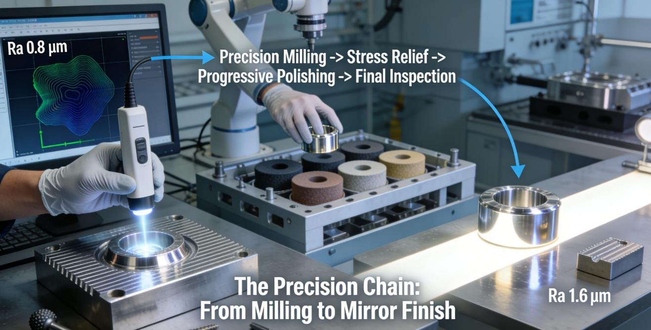 A detailed diagram illustrating the multi-stage process of achieving a mirror finish on stainless steel parts: from CNC milling and surface measurement, through automated polishing, to the final flawless mirrored component.